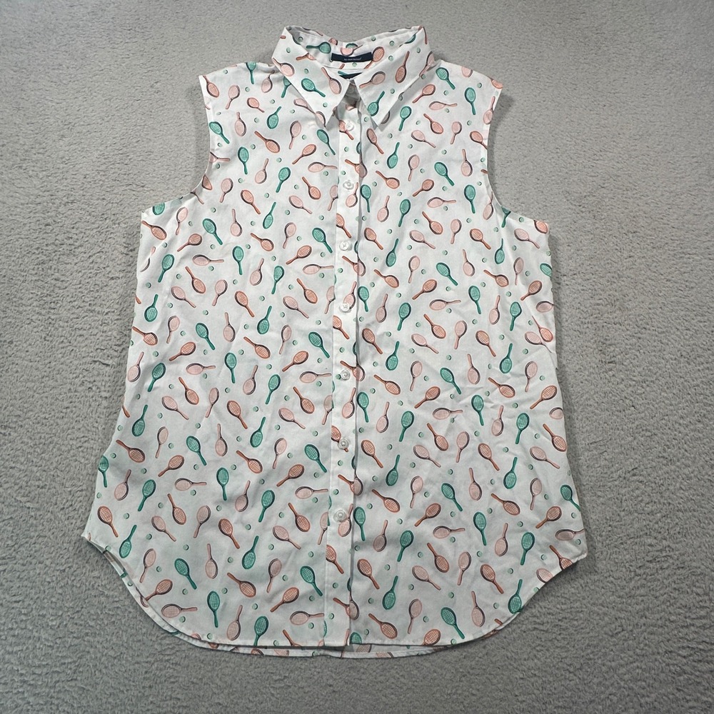 Lands End Tennis Racket Top Women 10 White Sleeveless Preppy Supima Cotton Shirt